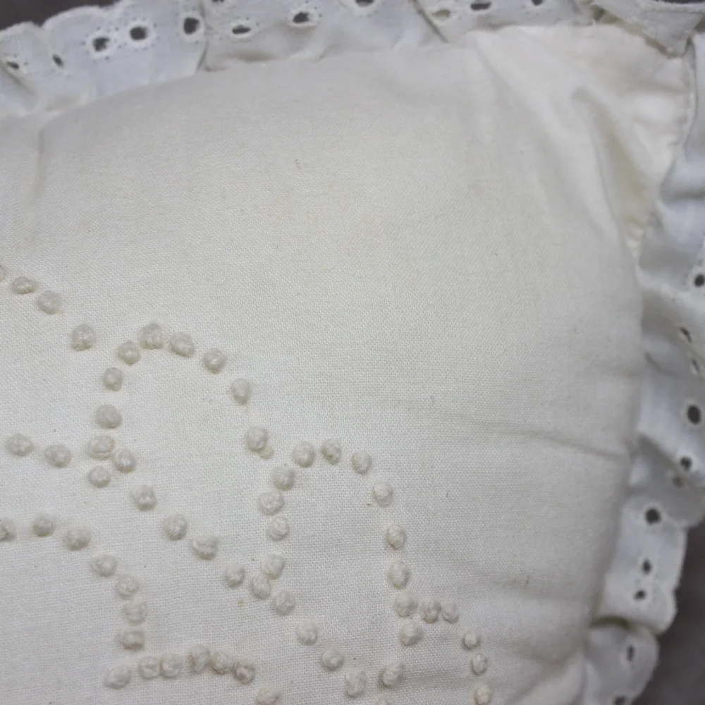Vintage Candlewick Heart Bow Embroidered Throw Pillow Eyelet Lace Ruffle Cream